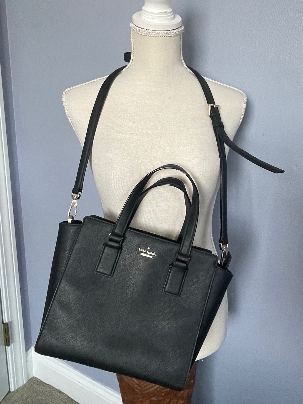 kate spade Black Leather Structured Satchel with Adjustable Crossbody Strap
